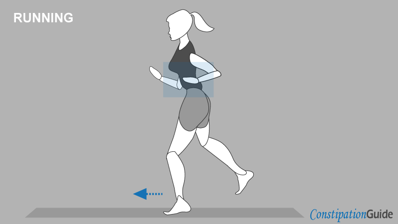 A woman dressed in running clothes is running outside to relax and to relieve constipation.