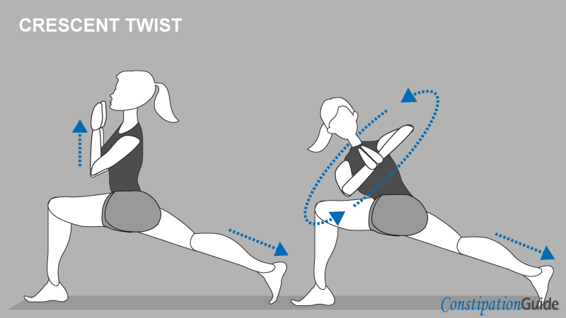 A girl is doing the crescent twist yoga pose and stretching the legs, hips, and lower abdomen with indications.