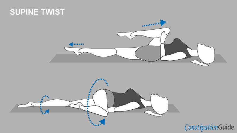 A fitness model is sitting on a yoga mat and is exercising the supine twist yoga pose to work the abdomen.