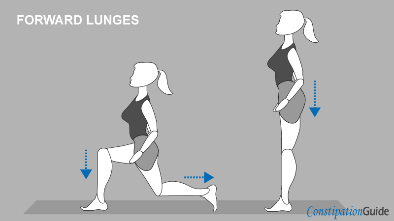 A woman dressed in fitness clothes is training using the Forward Lunges movement to relieve gas and constipation.